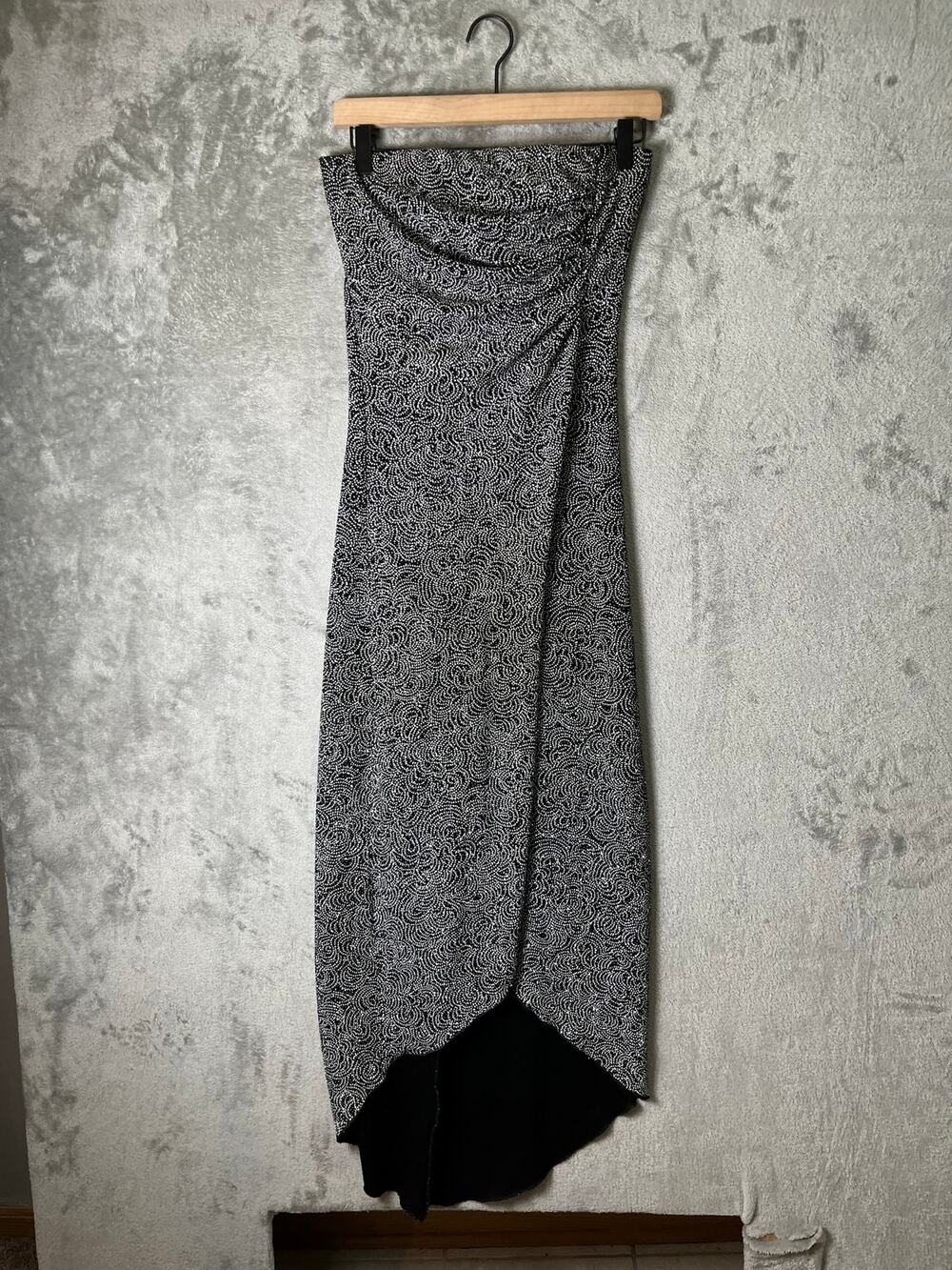 Vintage Y2k Strapless Asymmetrical Midi Dress Black White Ruched Glitter Medium